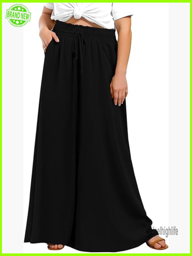 Plus Size Wide Leg Palazzo Pants High Waist Flowy Casual Lounge Trousers